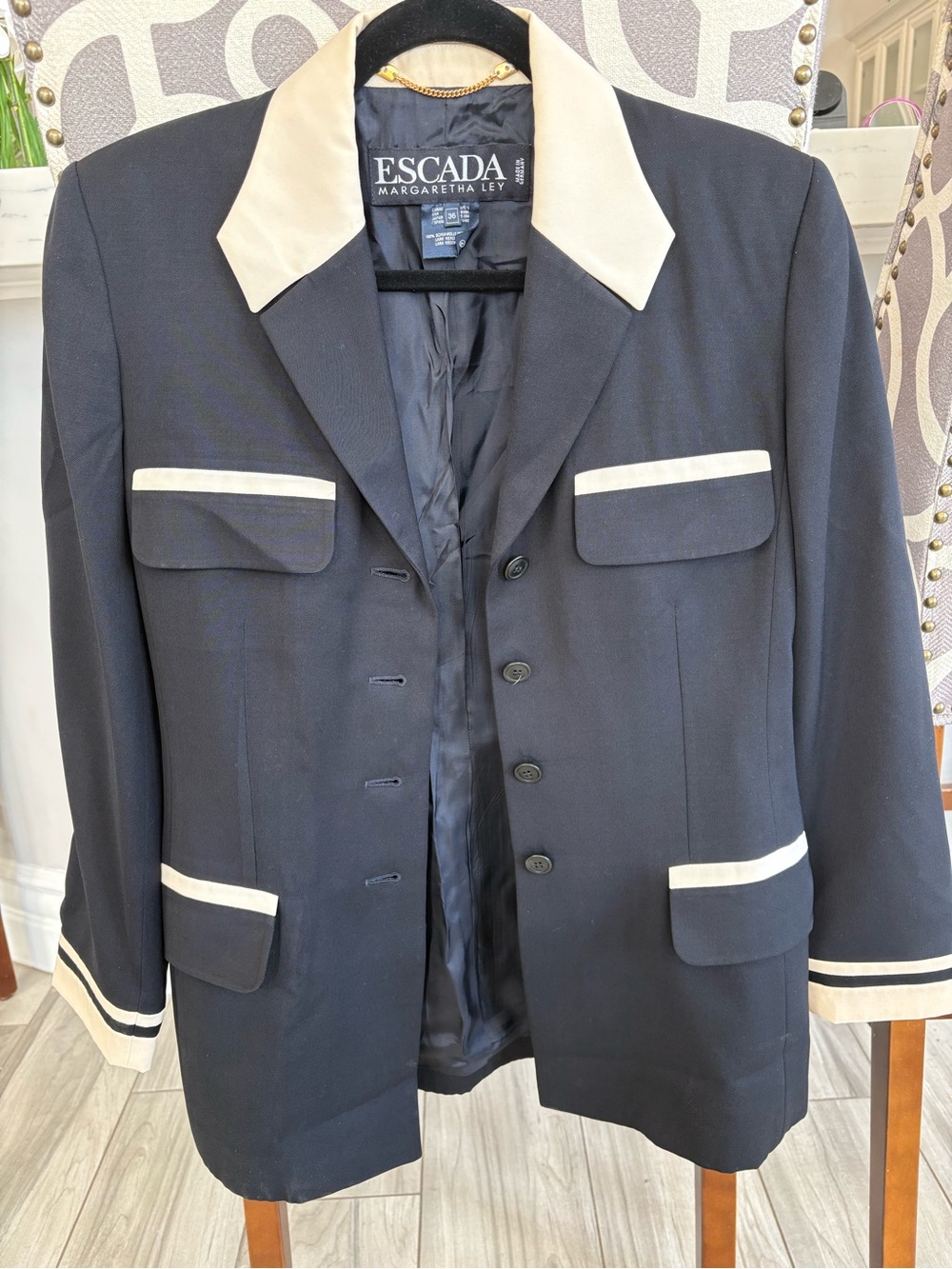 Escada Navy Blazer with Cream Trim and Contrast Piping
